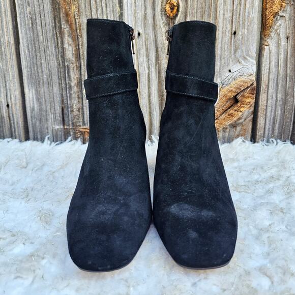 Black Suede Bootie Ann Taylor Breanna Size 6 Leather Harness Buckle Square Toe - Picture 3 of 13